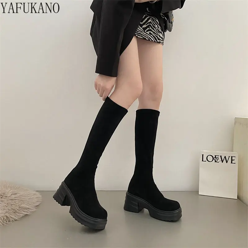 

8cm Chunky Heeled Platform High Boots Retro Square Toe Suede Elastic Boots Black Thick-soled Ankle Boots Women's Knee-high Boots