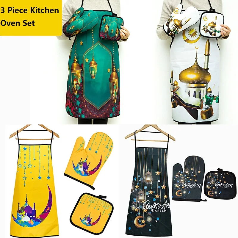 

Oven Mitts and Pot Holders with Chef Apron,Set of 3 Heat Resistant Kitchen Gloves and Silicone Non-Slip Potholders Adjustable