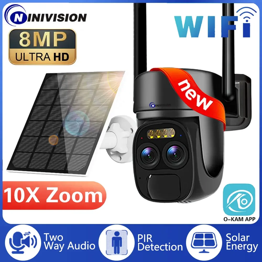 4K 8MP Dual Lens WIFI Solar Camera Outdoor 10X Optical Zoom Two-way Audio Color Night Vision Bulit-in Battery Security Camera