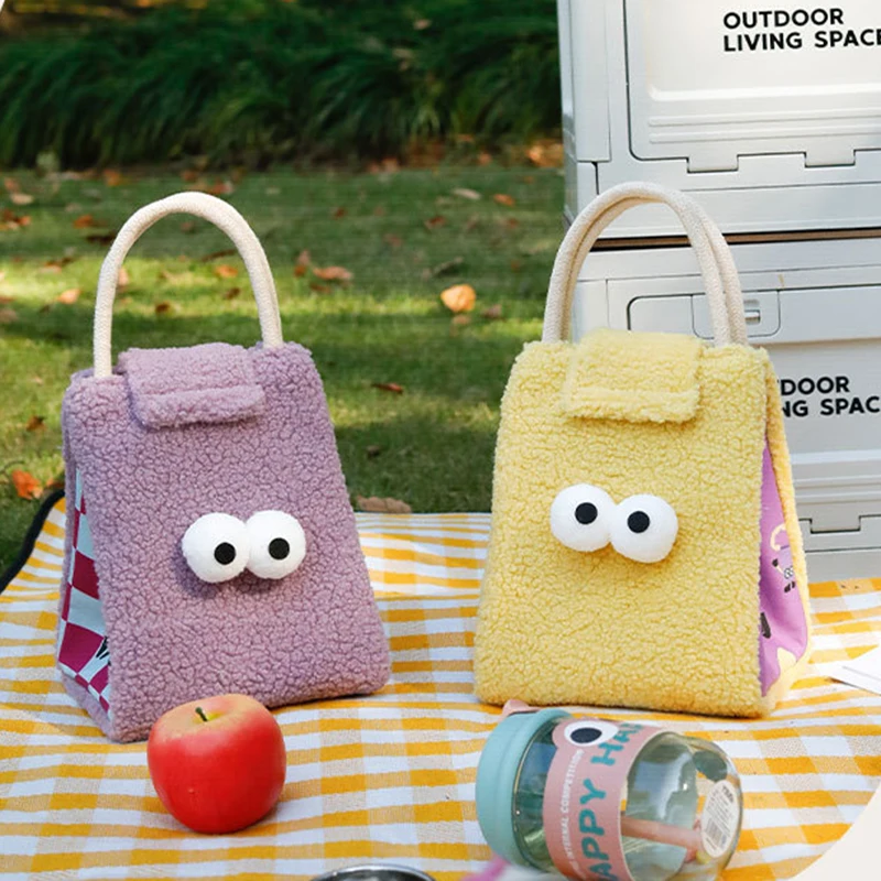 

Cute Eye Plush Lamb Wool Lunch Bag for Women Soft Fabric Velcro Design Insulation Food Bags Lunch Box Student Picnic Travel Tote