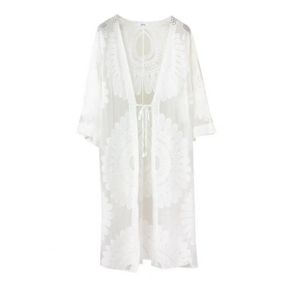 One Size Chic Open Stitch Summer Beach Dress Perspective Summer Beach Cover Up Flower Embroidery Female Garment