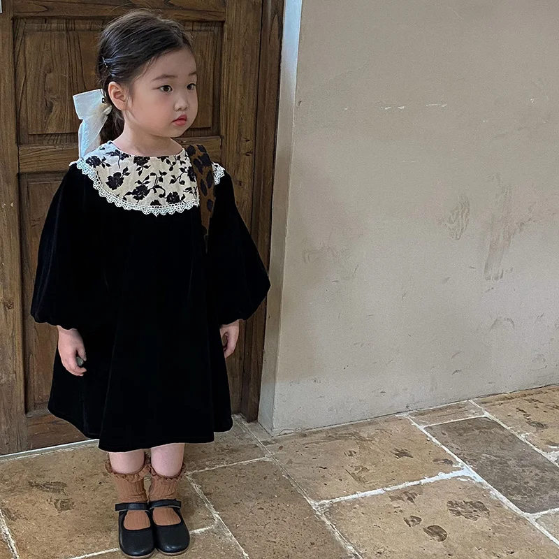 Autumn Velvet Kids Long Dress for Girls Floral Round Collar