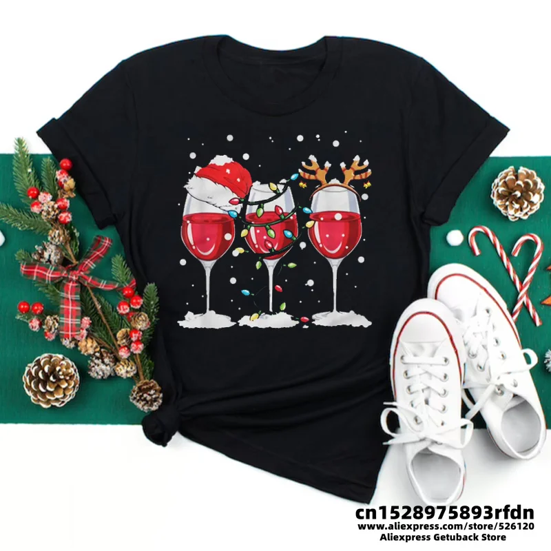 Women Wine Glass Christmas Hats Black T Shirt Christmas Xmas Gifts Cartoon Top Tshirt Harajuku Fashion New Year T-shirt