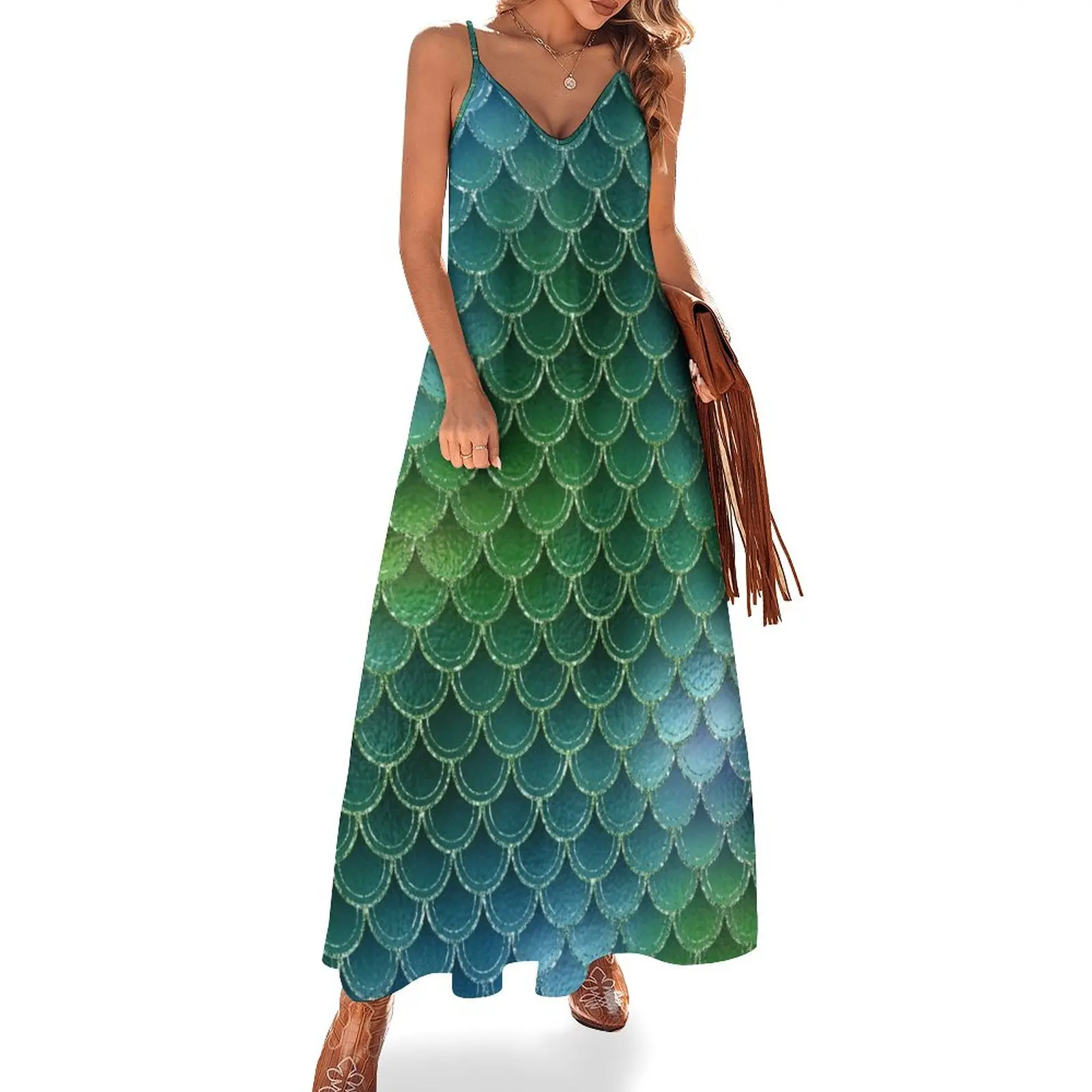 

Green Iridescent Silver Mermaid Dragon Scales Sleeveless Dress luxury dresses elegant women's dresses sale
