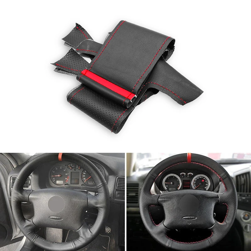 

Кожаный внутренний чехол на руль автомобиля для VW Golf 4 MK4 Passat B5 1998 1999 2000 2001 2002 2003 2004, декоративный черный с красной полосой