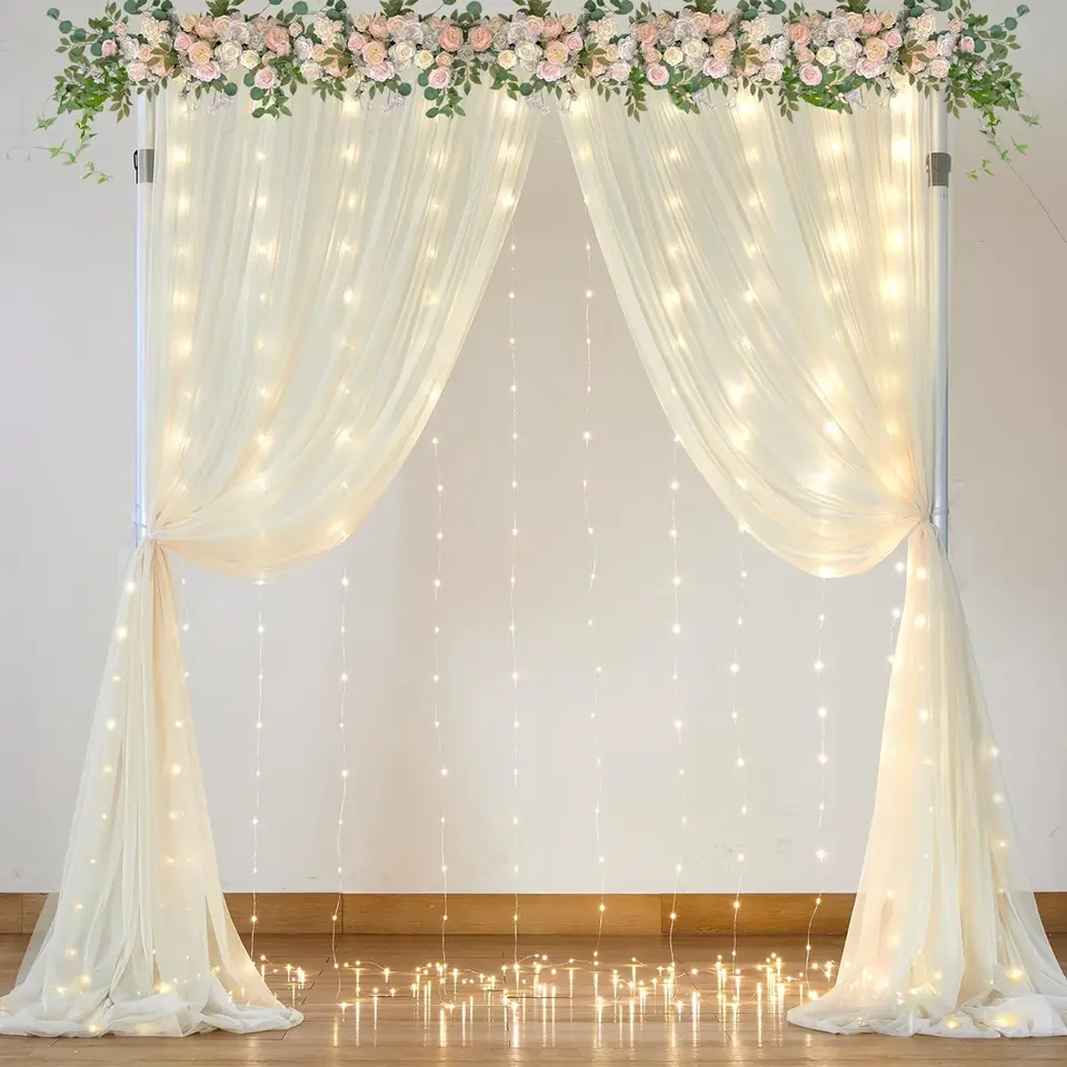 Ivory Chiffon Backdrop Curtain with String Lights