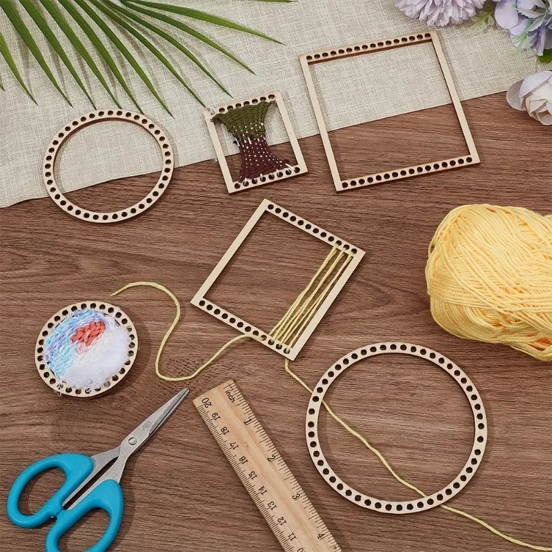 Weaving Loom Kit Wooden Mini DIY Weaving Loom Rectangle Round Looms Hanging Decor Woven Tapestry 6Pcs