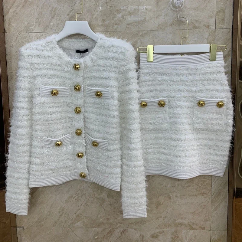 High Quality Elegant 2023 Latest White Knit Golden Buttons Pockets Jacket and Skirt 2 Piece Sets Womens Outfits women s suit jacket satin no buttons coat women blazers 2023 luxury blazers for womens youthful woman clothes outerwears blazer