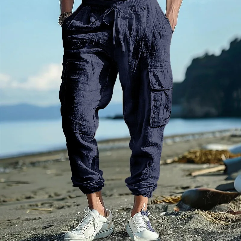 Casual Cotton Linen Men's Workwear Long Pants Summer Thin Wide Leg Drawstring Multi Pocket Loose Fit Trousers Lightweight