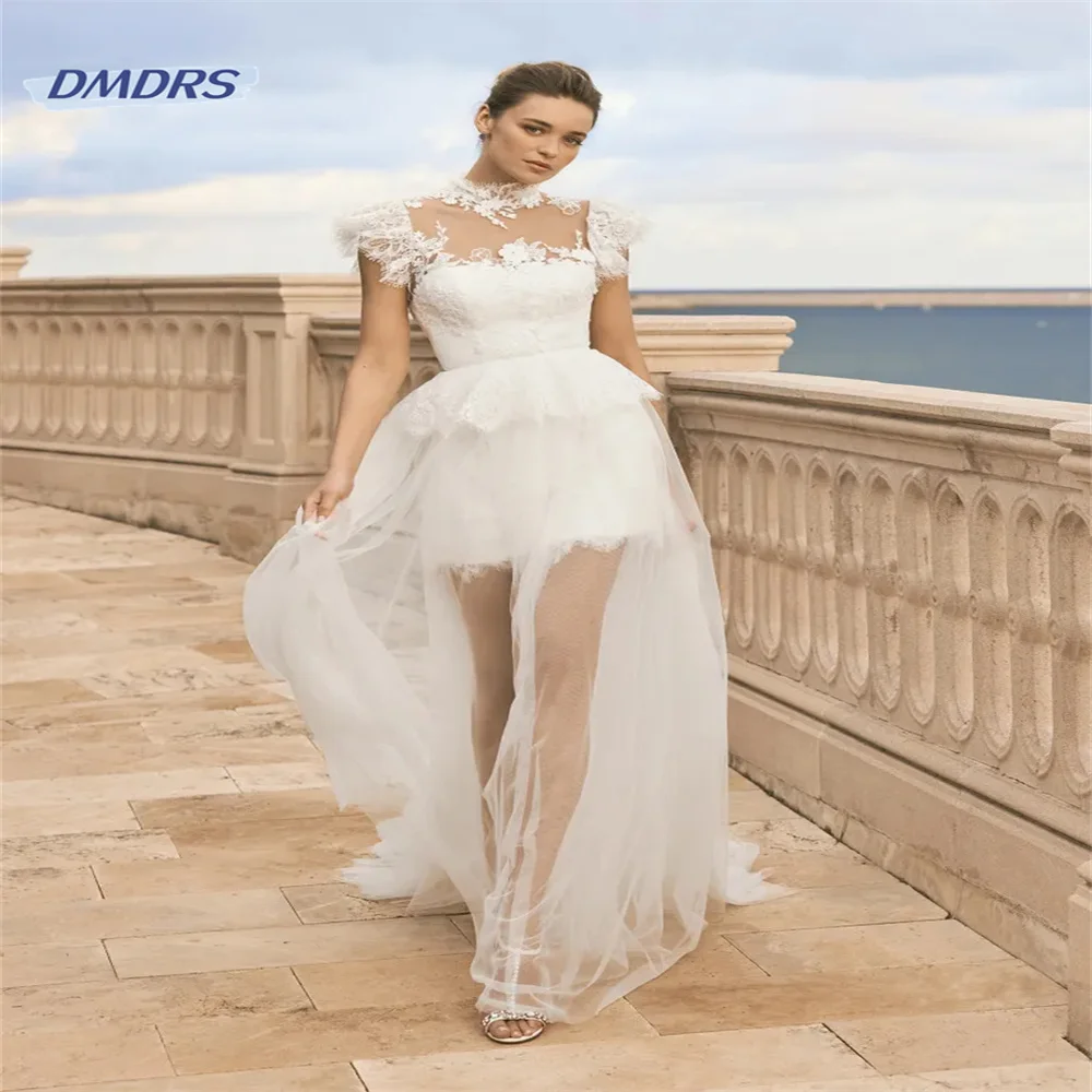 

Sexy Lace Above Knee Wedding Dress Beach O-neck Cap Sleeve Bridal Gown Romantic Vestidos De Novia