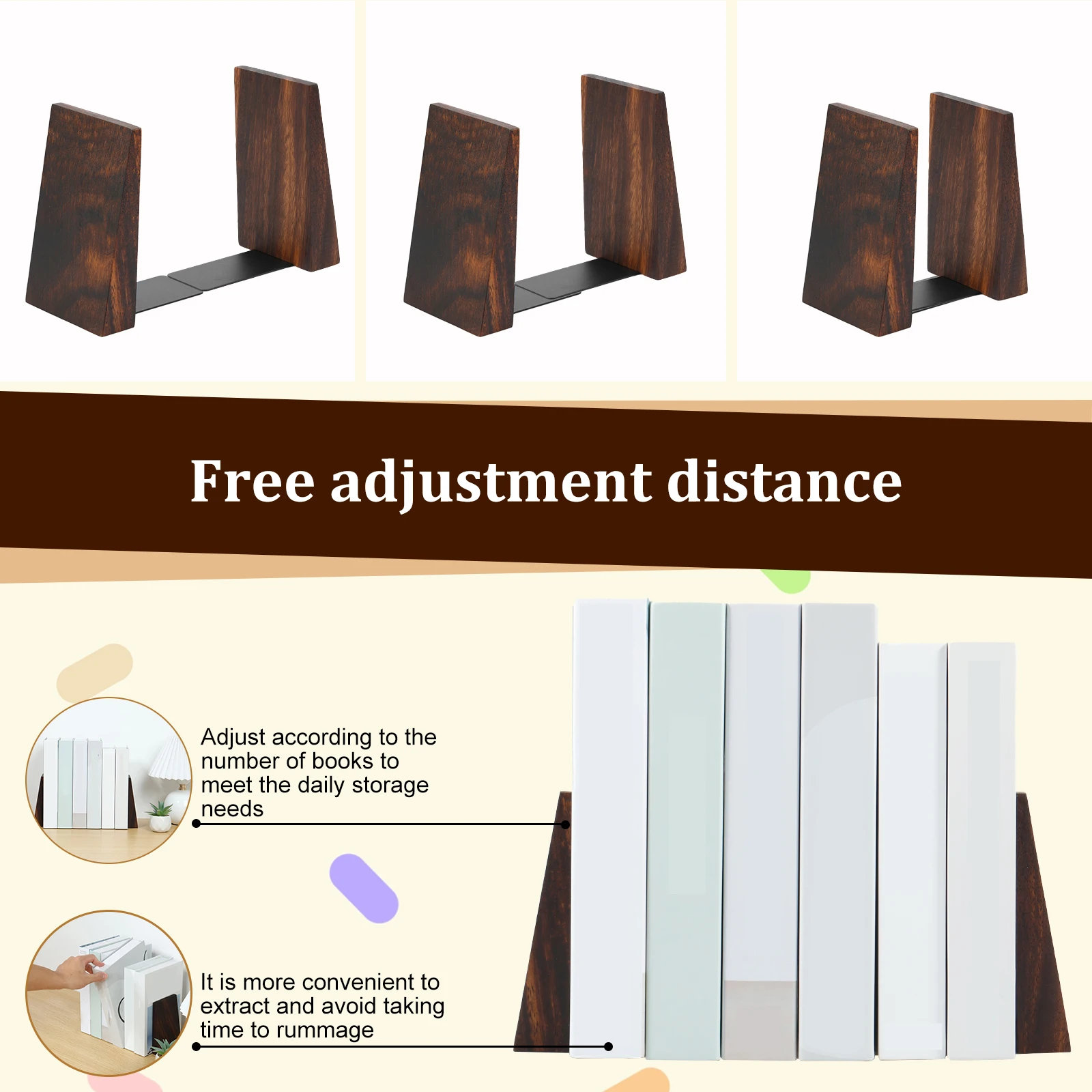 Wooden Bookends Desktop Book Organizer Metal Base Magazine Folder Storage Desk Shelf Office Home Book Accessories 2Pcs