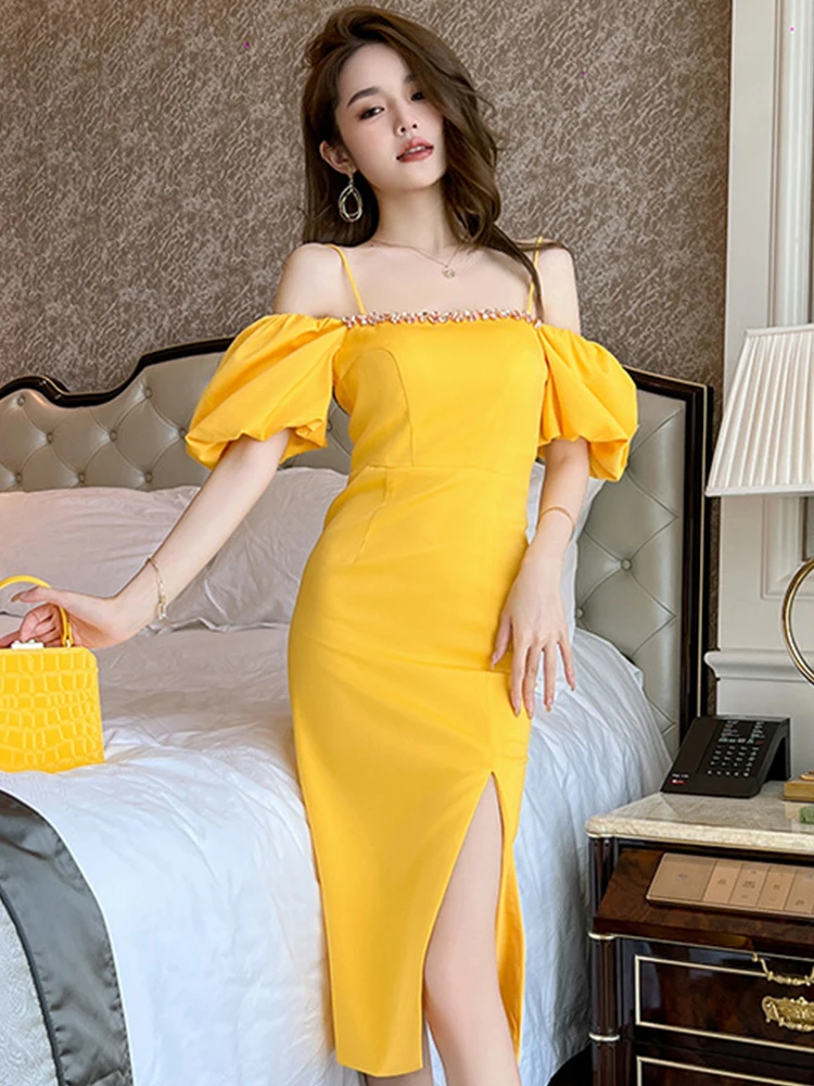 Fashion Summer Evening Party Dress Women Luxury Glitter Yellow