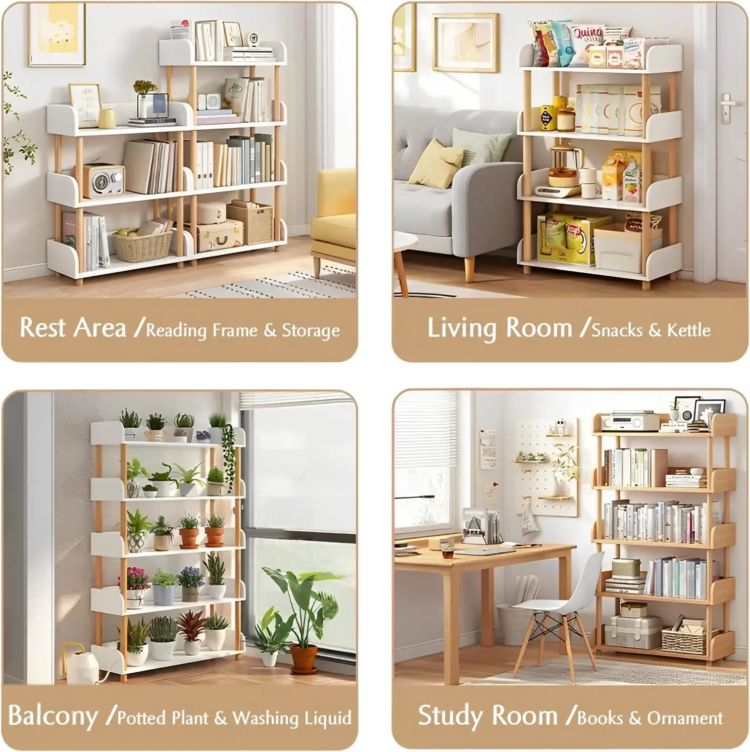 Wooden Open Bookcase - Modern Display Bookshelf with Top Edge and Solid Wood Frame for Home and Office, Storage Cabinet