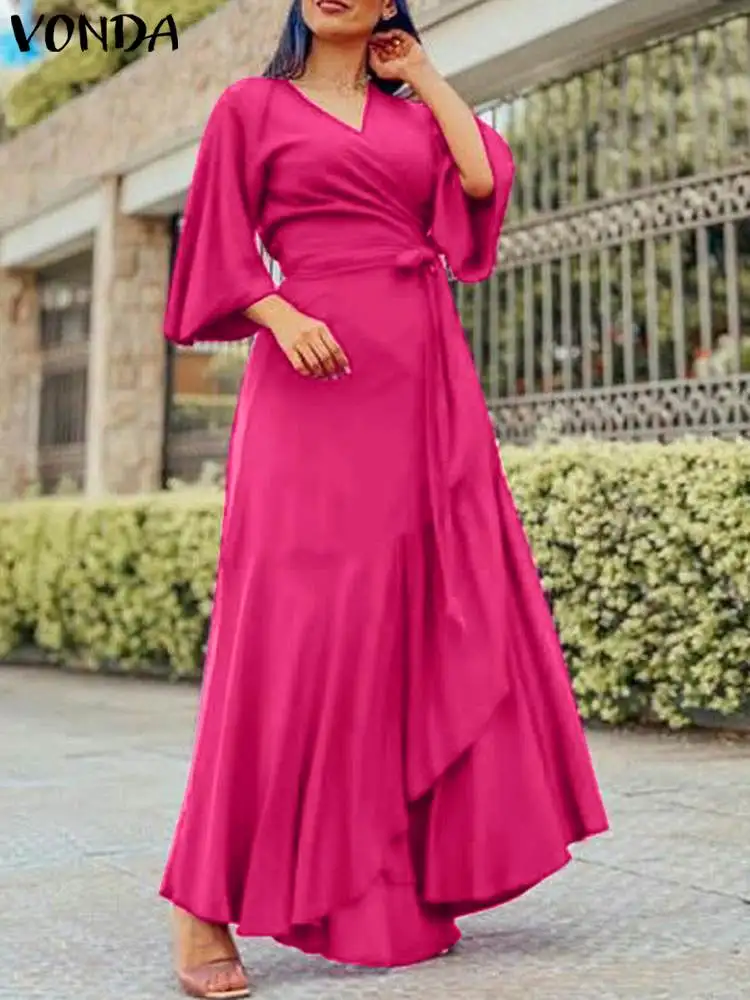 

VONDA Elegant Women Satin Maxi Dress 2023 Autumn Belted Ruffled Long Sundress Sexy V Neck Solid Color Casual Party Vestido Robe