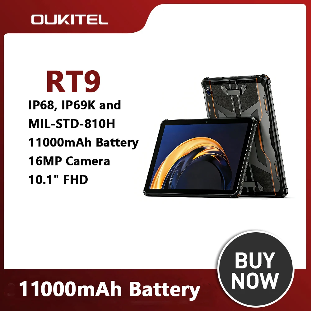 Oukitel RT9 10.1 Inch HD 4G Rugged Tablet  Display 24GB RAM 256GB Waterproof Smart Pad 11000mAh Battery Android 14.0 Tablets PC