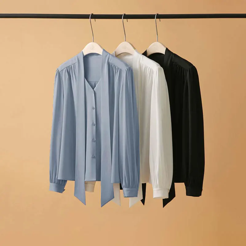 

2023 Summer Acetate Satin Shirt Women Short Sleeve Bow Korean Shirt Female Japanese Loose Button Up Shirt For Women