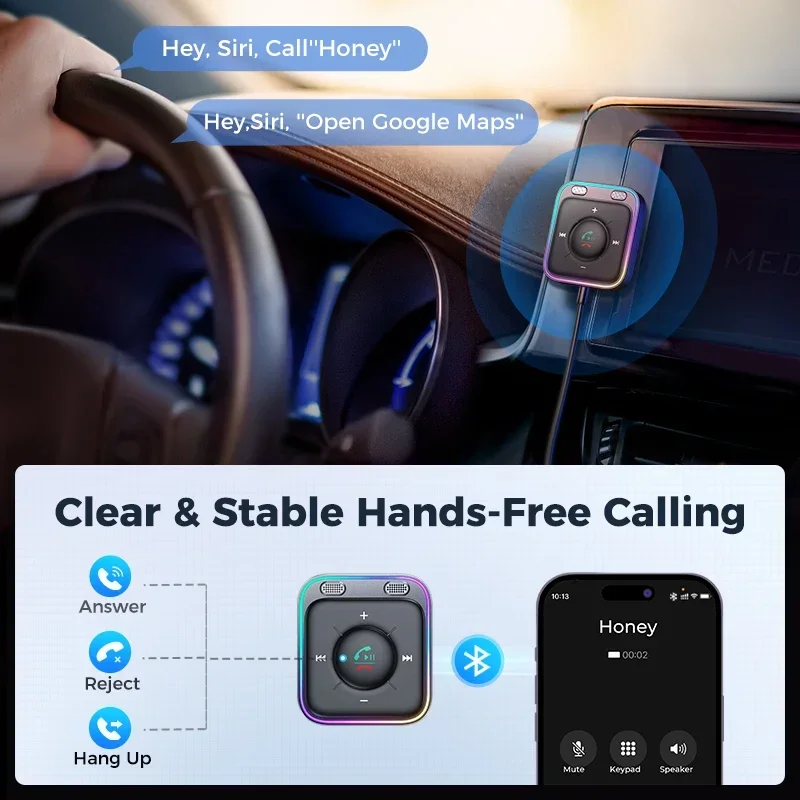 VIKEFON Bluetooth 5.3 Car Adapter Enhanced Dual Mics ENC Noise Cancellation 3.5mm AUX Adapter Bluetooth Wireless Receiver Adapte