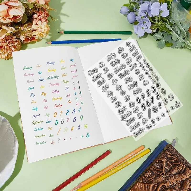 Word Clear Stamps 1Sheet Date Month Number Reusable Postmark Transparent Silicone Stamp Seals for Journaling Card Making Decor