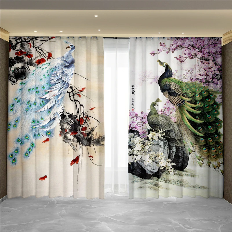 

3D Digital Printing Custom Vintage Peacock With Flower Morden Luxury Bedroom Thick Window Curtains for Living Room 2 Panels