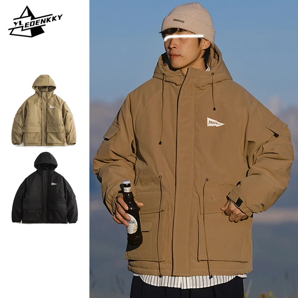 

Winter Cargo Cotton Coat Men Women Vintage Loose Big Pocket Hooded Parka Outdoor Windproof Warm Down Coat Drawstring Thickened