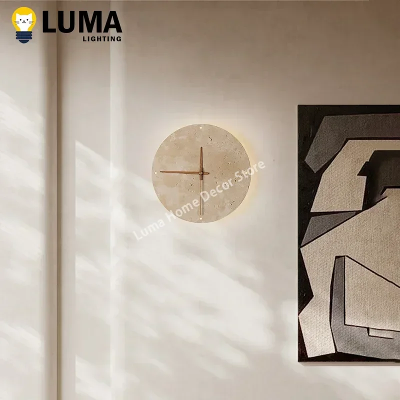 Luma Wabi-Sabi Yellow Travertine Wall Light, Round Shape Natural Stone Clock for Interior Living Room Bedroom Home-Application