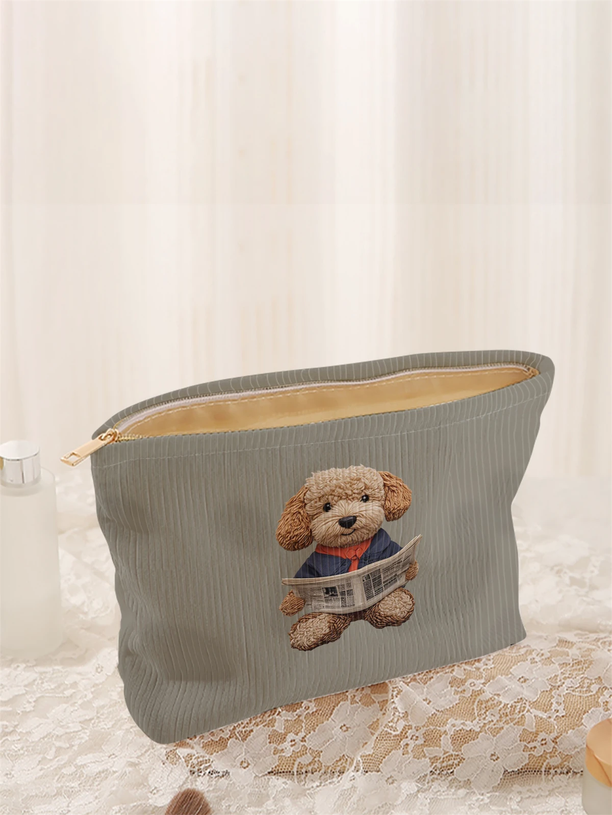 1 cartoon dog pattern printed corduroy makeup bag, lightweight zipper makeup storage box, multifunctional bag with lining
