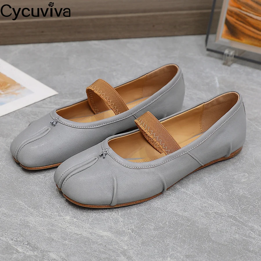 2024 New Genuine Leather Split Toe Ballet Flats Shoes Woman Elastic Band White Flat Shoes British Formal Dress Dance Ninja Shoes