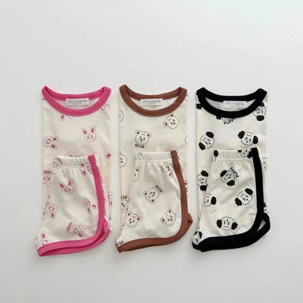 

0-3Y Korean Kids Clothes Baby Boys Sets Cotton Animal Print Short Sleeve T Shirt Loose Shorts 2Pcs Summer Toddler Girls Clothes