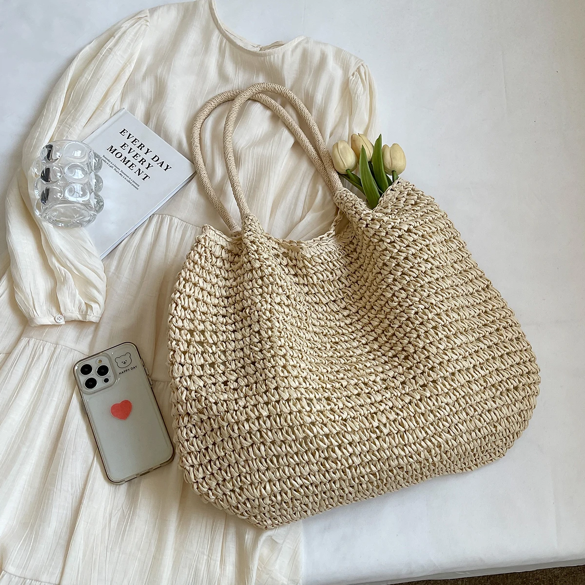 Lazy Style Woven Bag Women's Summer Seaside Vacation Beach Bag Large Capacity Shoulder Bag Straw Bag Tote Bag Work Clothing Wool Knitted Bag Work