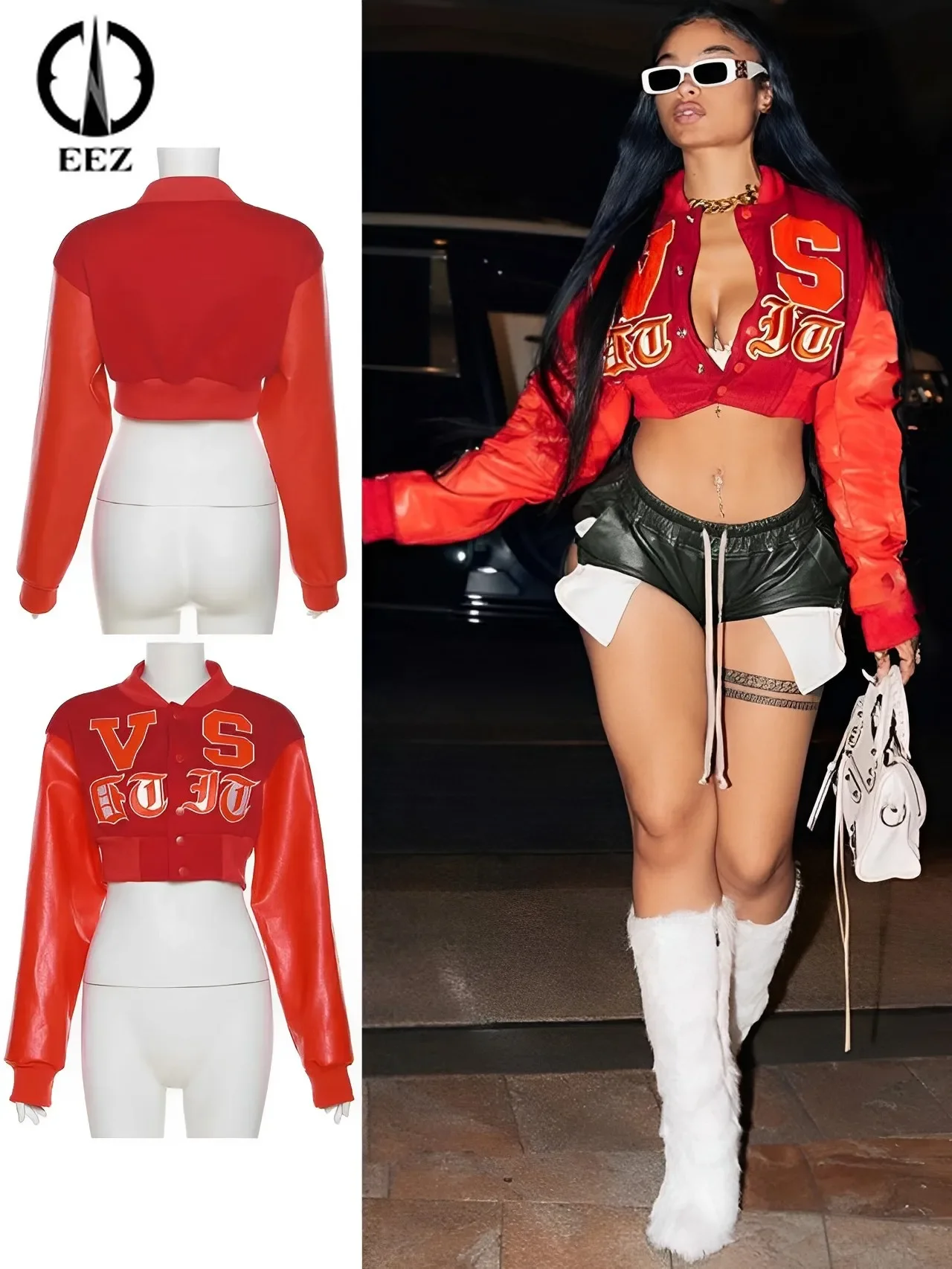 

Letter Embroidery Red Coat PU Leather Patchwork Bomber Jacket Women Long Sleeve Buttons Slim Crop Tops Baseball Coat Outwear Y2K