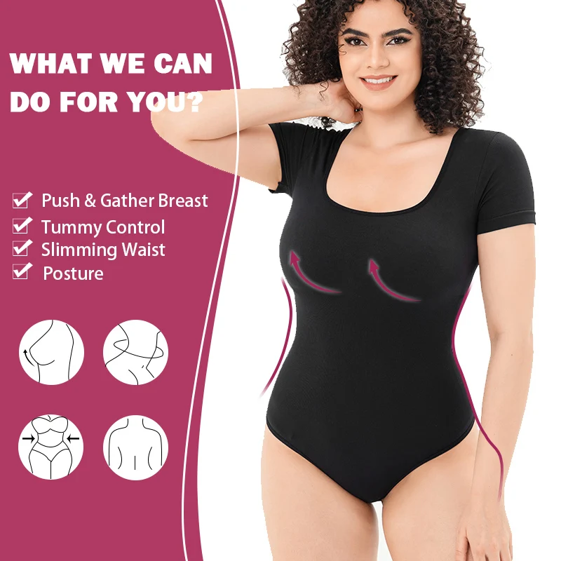 Women's Bodysuits Sexy Ribbed Short Sleeve Square Neck Tank Tops Waist Shaping Tummy Control Butt Lifter Thong Shaper Corset