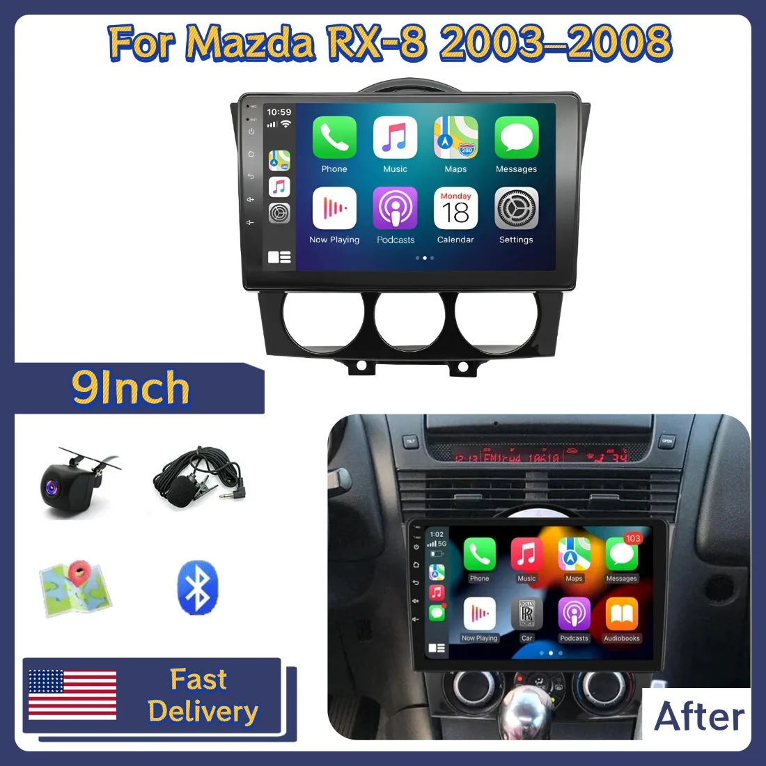 9in Car Stereo Radio Player 2+64G For Mazda RX-8 2003–2008 For Carplay Android 13 GPS Navigation Head Unit Bluetooth Mirror Link