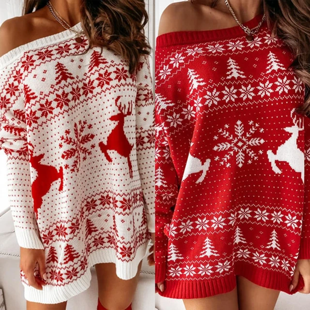 Women's deer pattern knitted sweater, loose sleeved top, Christmas style,  winter vacation casual round neck suit - AliExpress