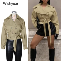 Elegant Lapel Long Sleeves Windbreaker Short Jacket for Woman Fashion Lace up Double-Breasted Cropped Coat Female Street Tops
