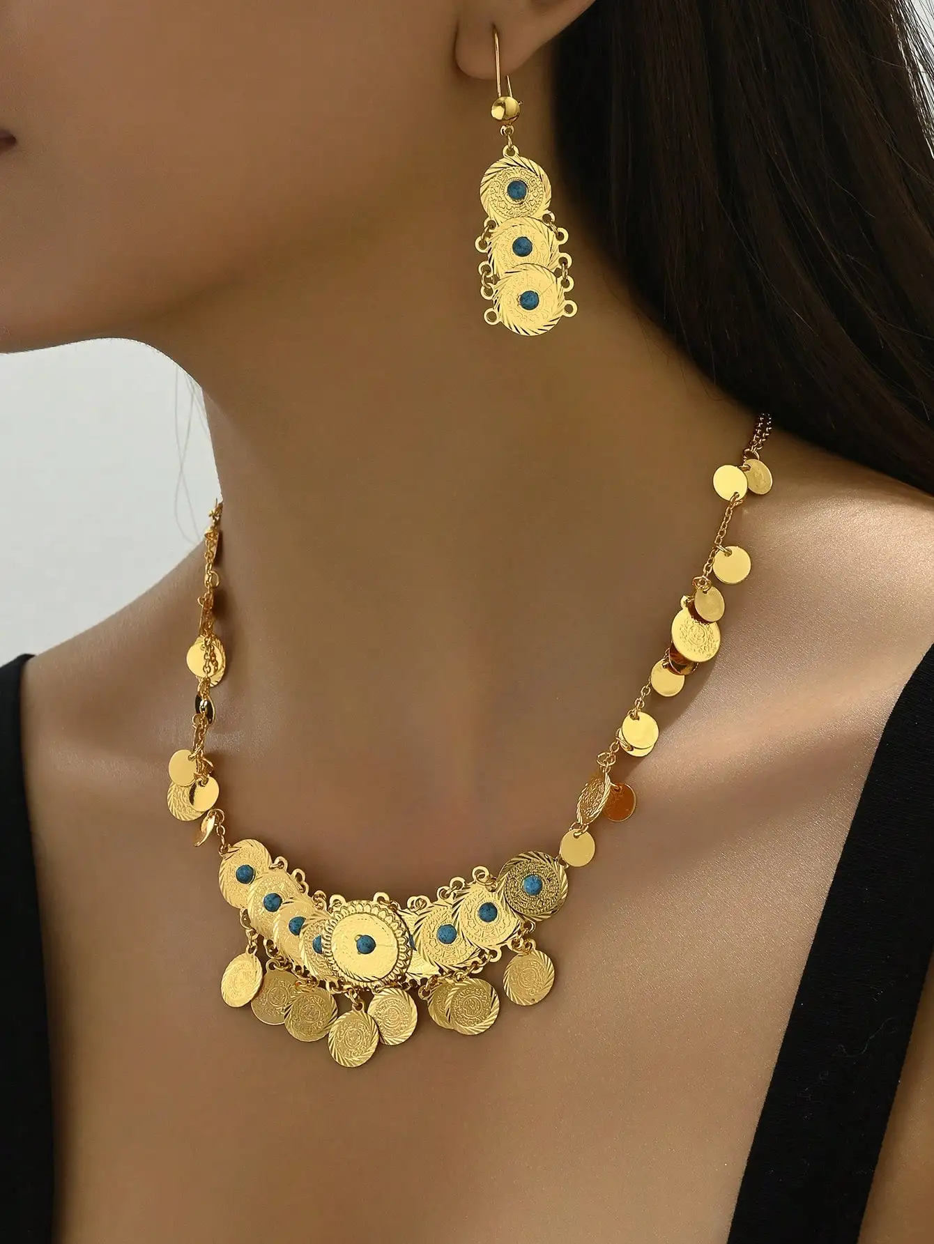 

Lucky 18k Gold Plated 3pcs/set Stylish Vintage Turquoise Coins with Exotic Earrings and Necklace Party Favors for Girls