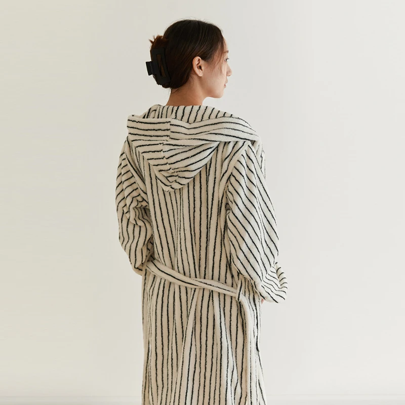 Women's Pinstripe Pajamas Ins Style Simple Pinstripe Nightgown Hooded Loose Adult Couple Hotel Home Bathrobe