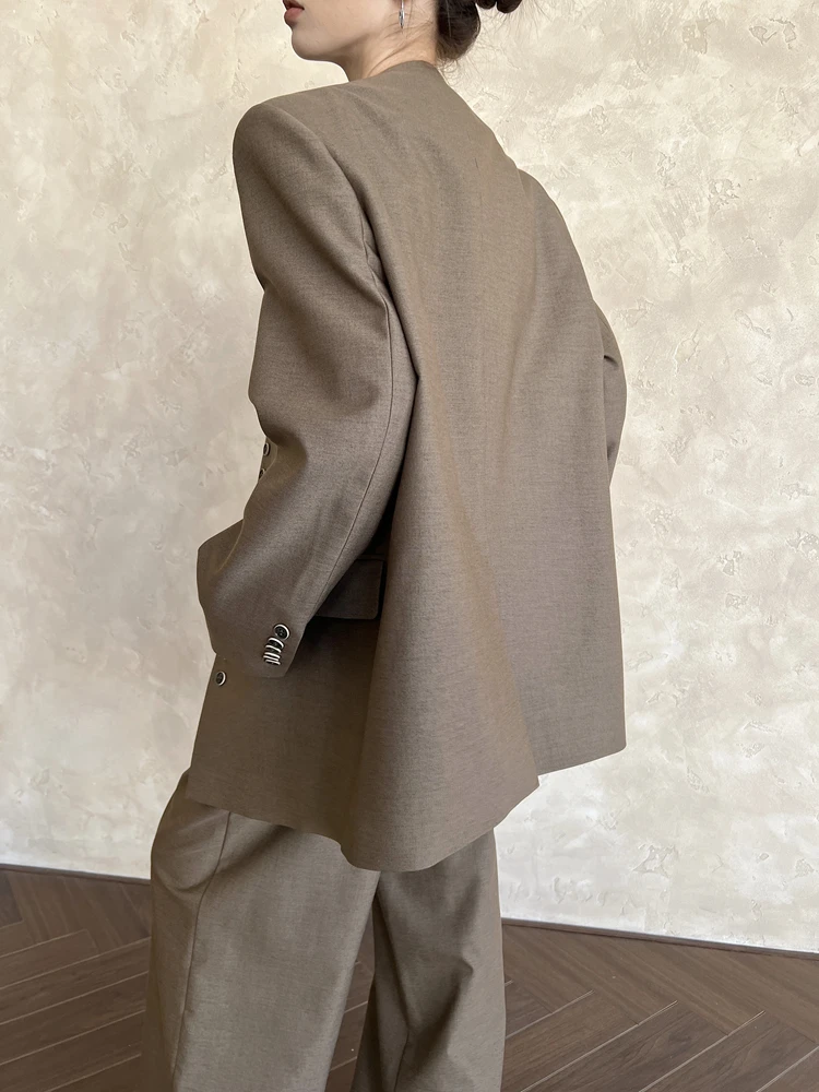 [LANMREM] Minimalism Temperament Blazers For Women V Neck Single Breasted Office Lady Loose Jackets 2024 Autumn New 26D8680