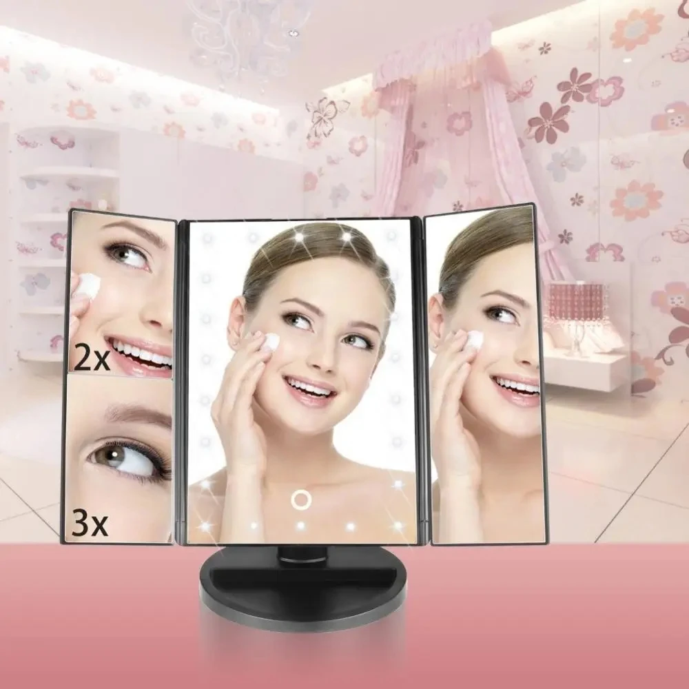 Multifunctional LED Makeup Mirror 1/2/3X Magnifying Vanity 180&deg; Rotation With 22 LED Lights Household Desktop Makeup Lighting