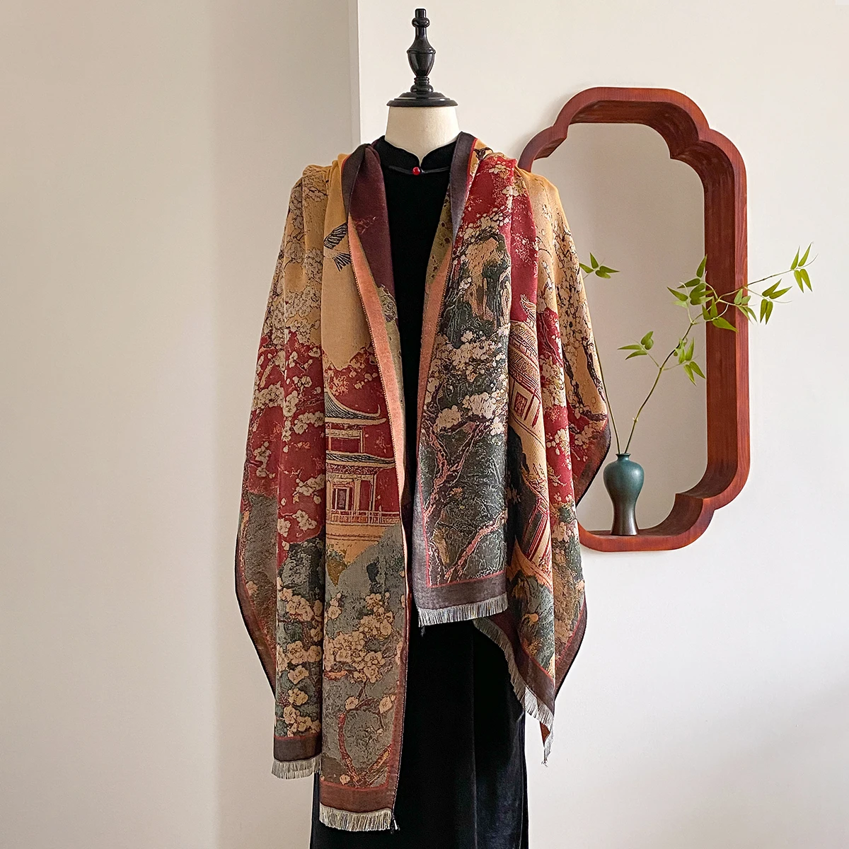 New Chinese Style Landscape Painting Women Scarf Soft Warm Pashmina Shawl Winter Outdoor Coldproof Windproof Blanket Scarf 2025