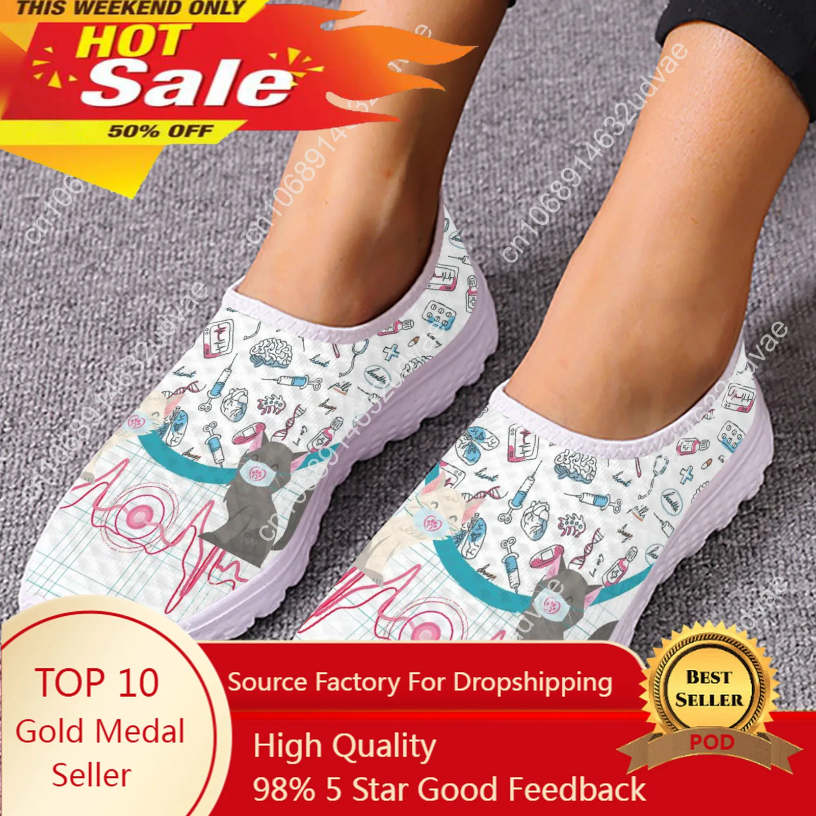 Cute Cat and Medical Tools Cartoon Female Flat Shoes ECG Cats With Mask Printed Women Mesh Sneakers Slip-on Loafers