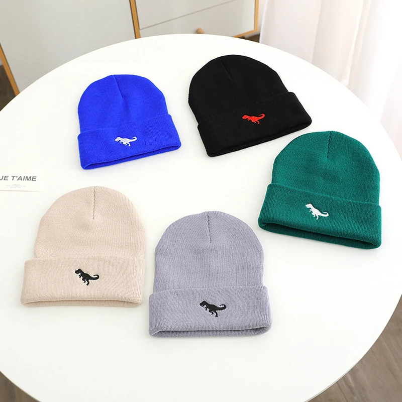Children Autumn Winter Knitted Beanie Embroidery Cartoon Dinosaur Warm Cap Kids Boys Outdoor Windproof Pullover Hat 3-8Years
