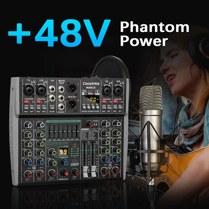 6채널 믹싱 콘솔 48V 99 DSP 이펙트 블루투스 로메호 오디오 DJ 믹서 USB PC 재생 녹음 팟캐스트 사운드 테이블