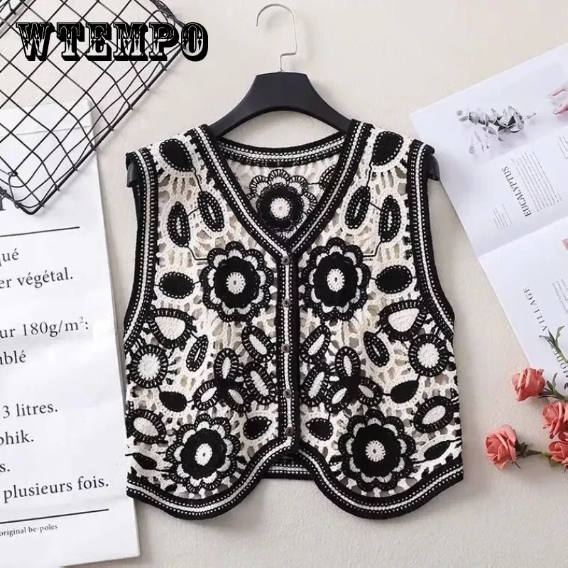 

WTEMPO Women Floral Lace Vest Female Autumn Winter Korean Style Crop Waistcoat Buttoned Front Blouses Sleeveless Coat