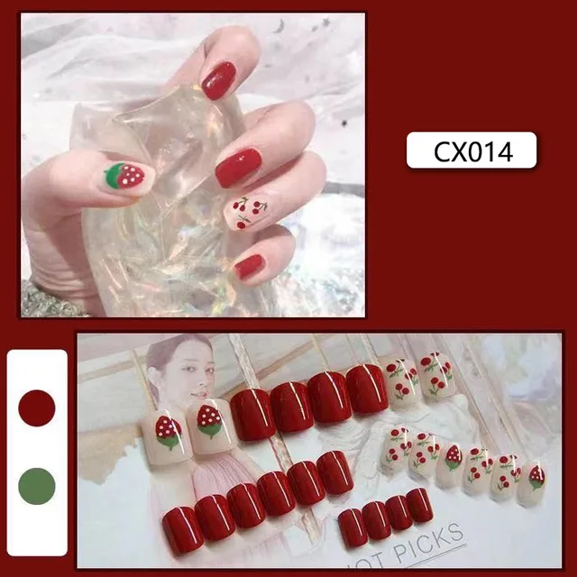 24pcs/box Fake Nails Press on Short Reusable with Designs Set French Artificial Pink False Tipsy Stick-on Nails Tips Art CX014