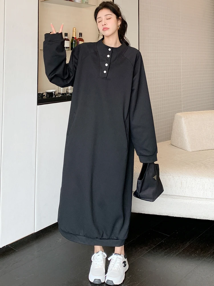 

Женское платье с капюшоном и воротником-стойкой, свободное однотонное платье в Корейском стиле с длинным рукавом, осень 2023