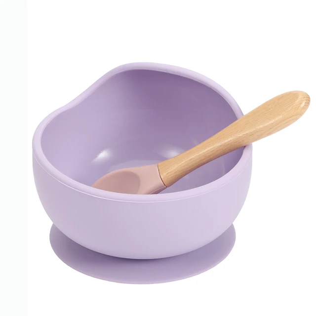 New Colors Feeding Set Food Grade Silicone Bibs Baby Plate Non-silp Suction Bowl Kids Tableware Waterproof Bib BPA Free Spoon Purple
