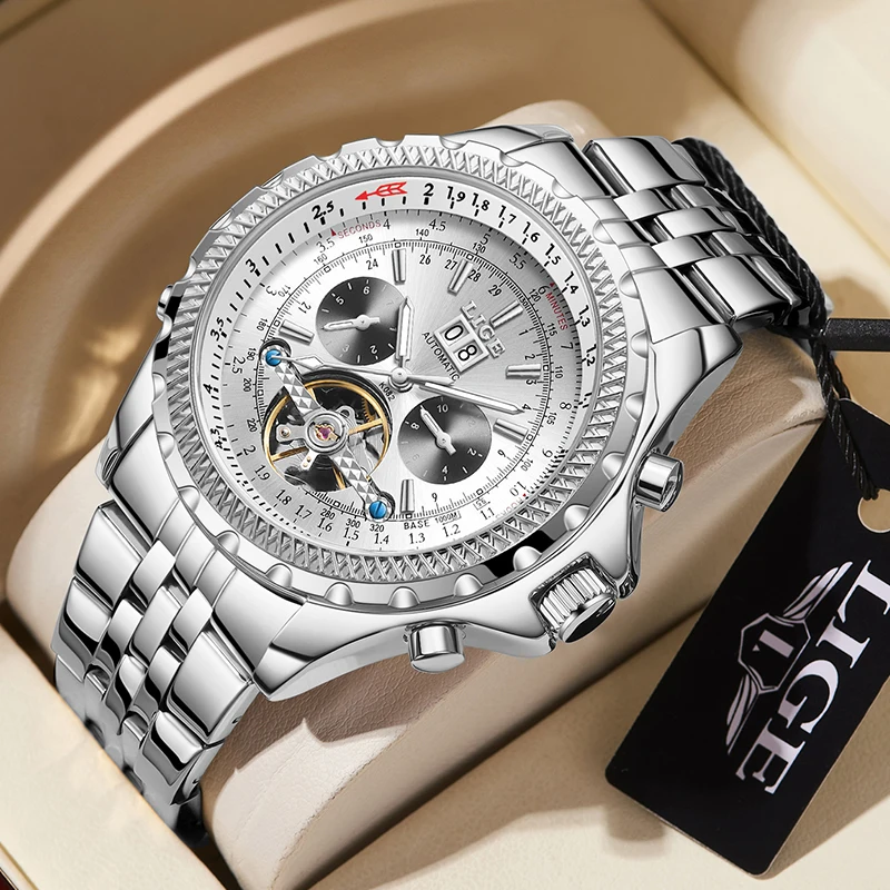 

LIGE Luxury Men Automatic Mechanical Wristwatch Stainless Steel Watch Top Brand Business Clock Week Date Waterproof Men Watches