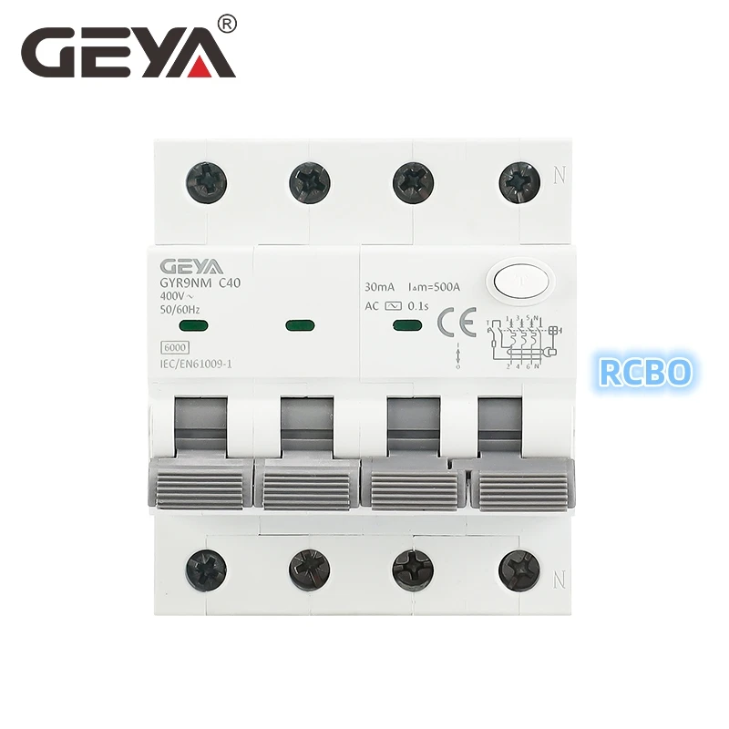 Geya-electro-magnético ac tipo Rcbo com Proteção sobre Corrente Gyr9nm 4p 3p Mais n 16a 25a 32a 40a 6ka 30ma 100ma 300ma