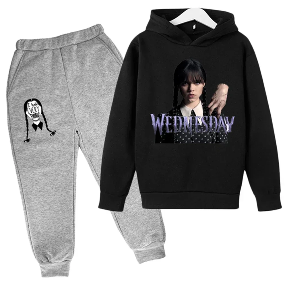 thumbnail image 1 of Nueva sudadera con capucha y pantalones de primavera y otoño de Wednesday Addams para niños, 2 piezas, trajes de 2 a 14 años, ropa de calle para niños y niñas, ropa de bebé para niños, 1 of 5