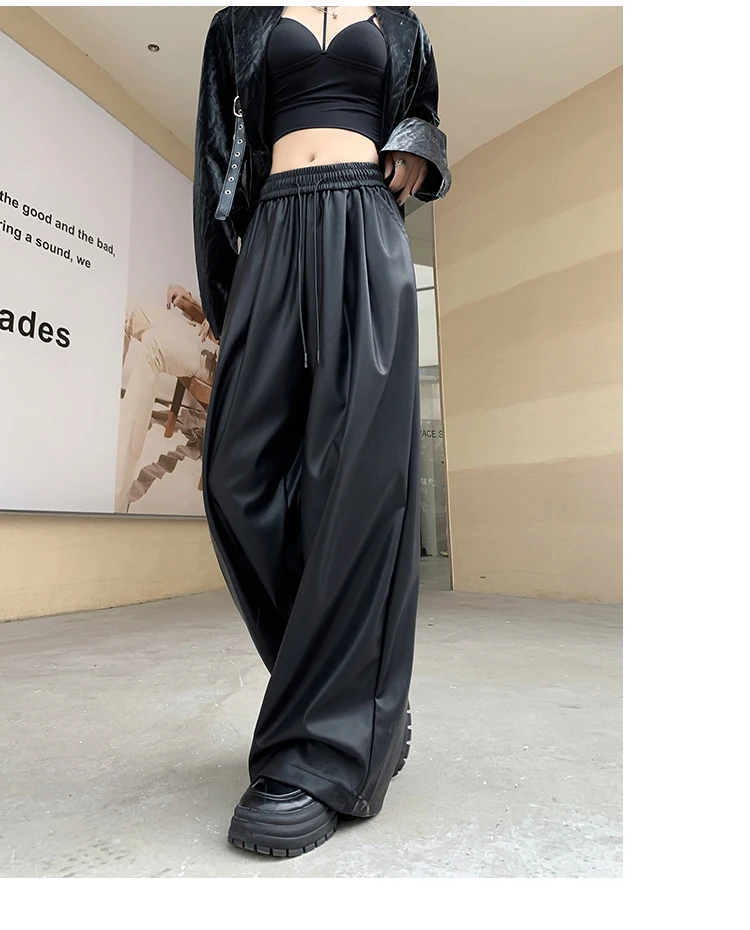 Herbst Einfarbig Klassische Volle Länge Gerade Frauen Hosen High Street Fashion Kordelzug Elastische Taille Weibliche Breite Bein Hosen – Detail 14